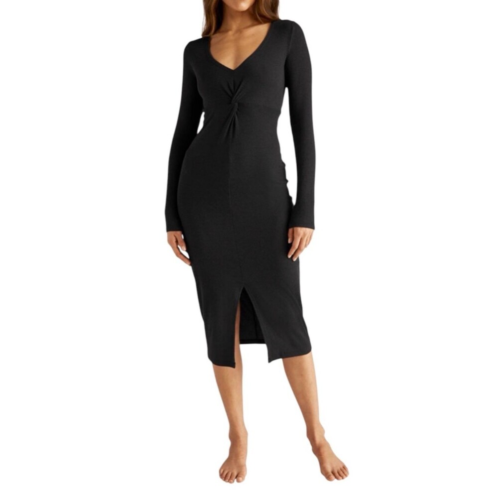 Beyond Yoga Meet in the Middle black long sleeve ribbed midi dress size XL